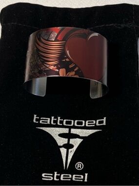 New Tattooed Steel 'Crazy Heart' Red & Black Wide Cuff Bracelet. Eclectic